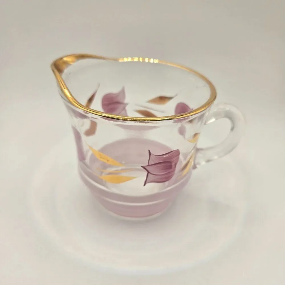 Vintage Glass Creamer Sugar Shaker Set Gold Rim Hand-Painted Purple Floral